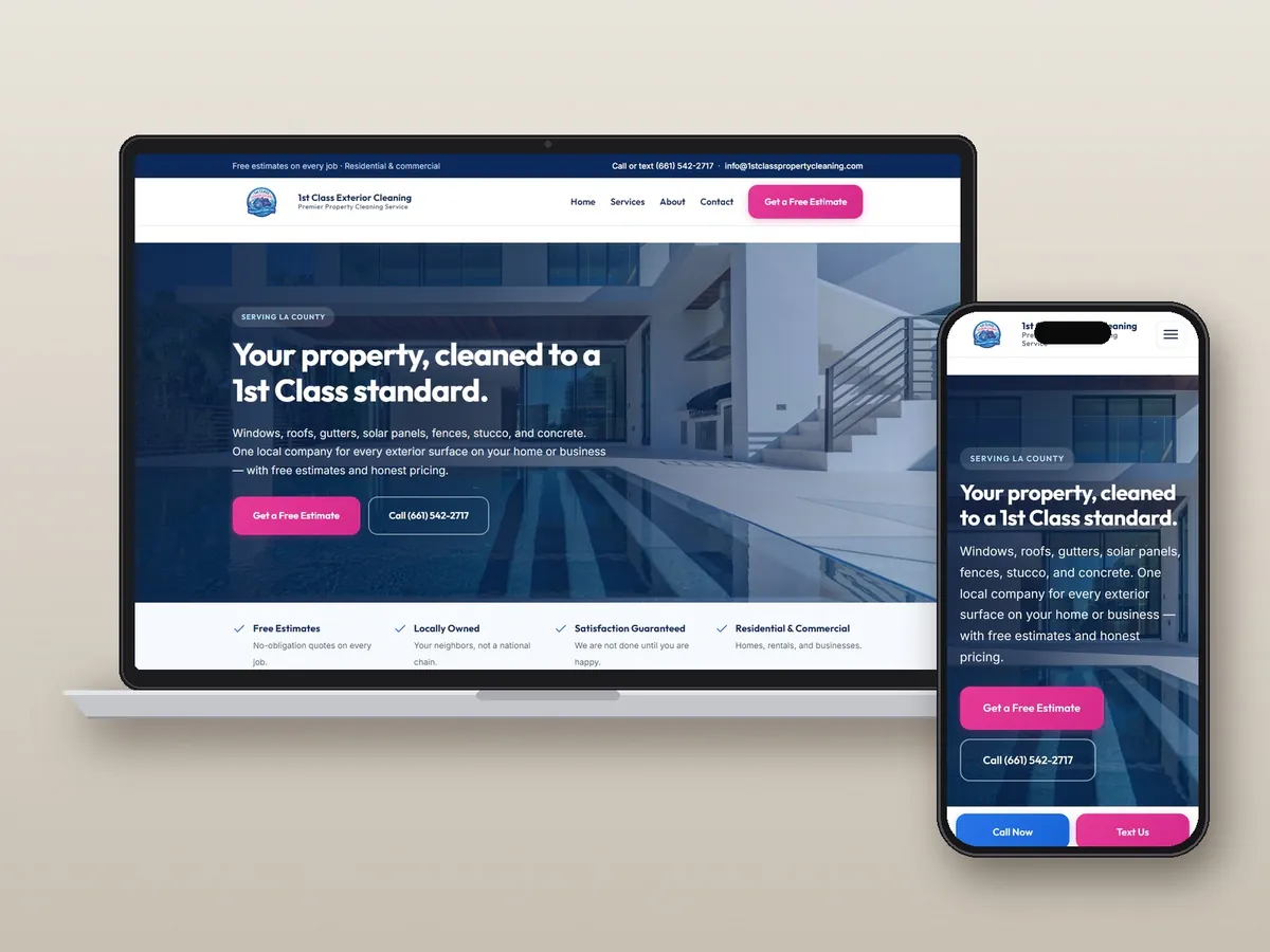 1st Class Exterior Property Cleaning website on a laptop and phone, designed and built by PetersenSoftwares in Santa Clarita