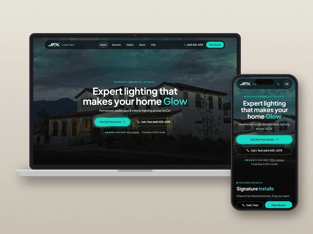 JFX Lighting website on a laptop and phone, designed and built by PetersenSoftwares in Santa Clarita