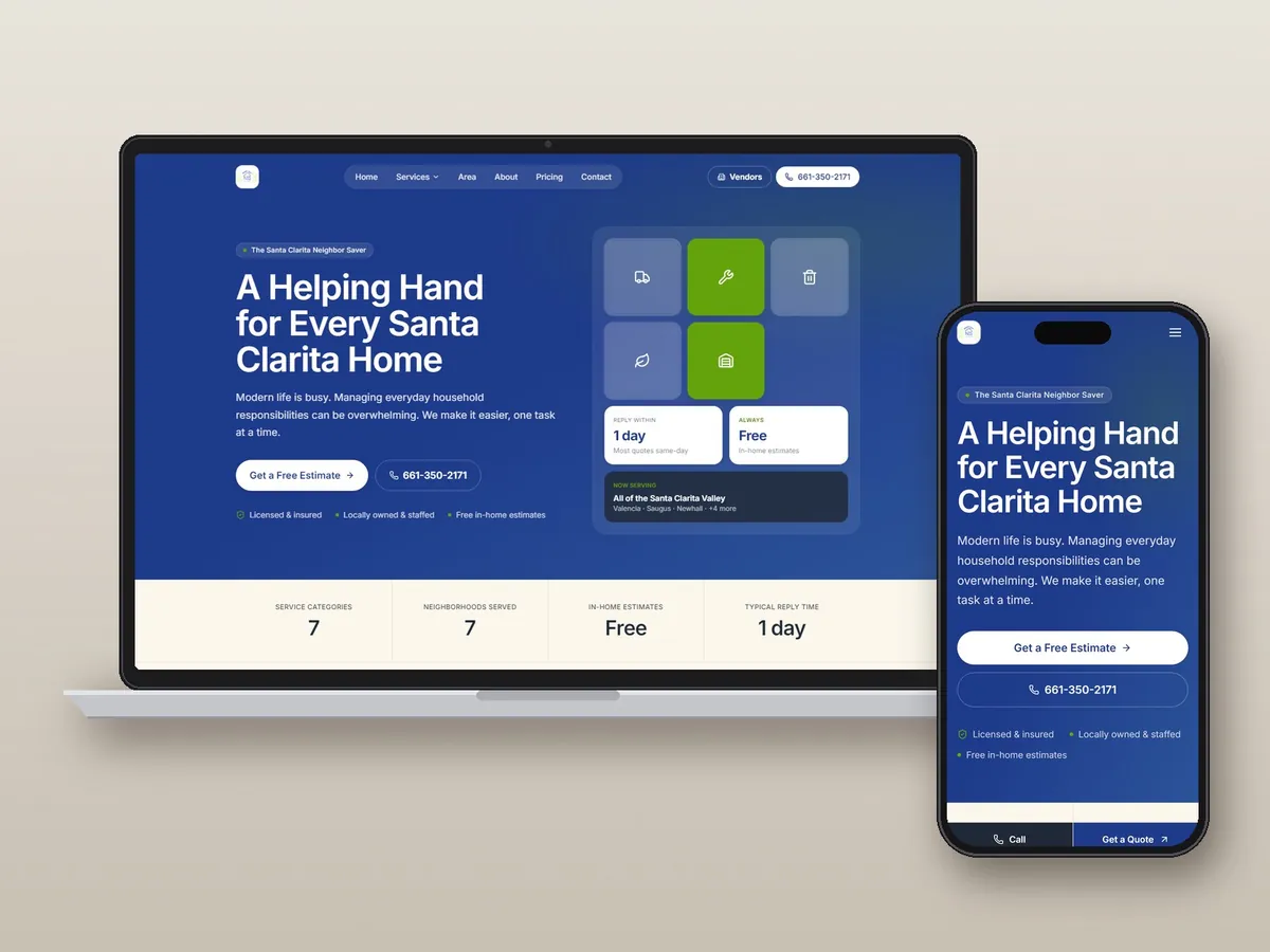 Neighbor Saver Solutions website on a laptop and phone, designed and built by PetersenSoftwares in Santa Clarita