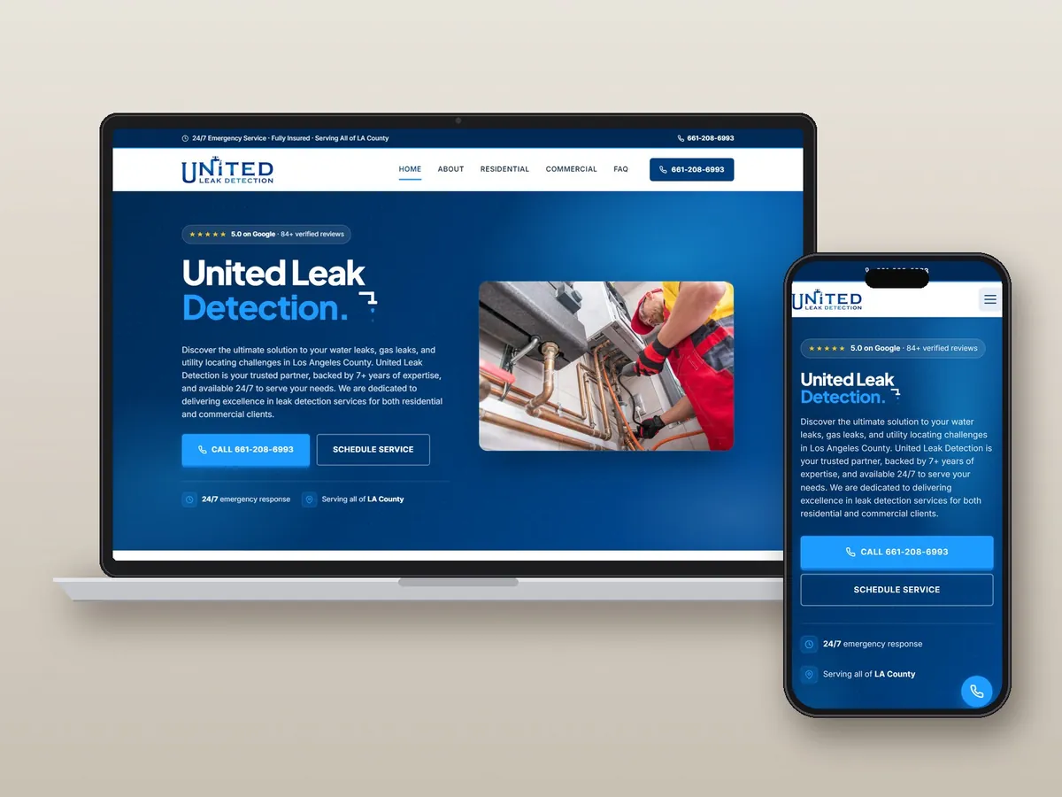United Leak Detection website on a laptop and phone, designed and built by PetersenSoftwares in Santa Clarita